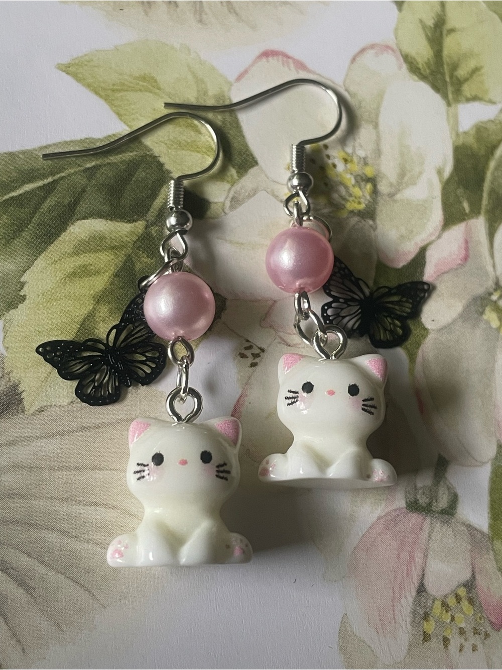 Hand Crafted White & Pink Cat Dangle Earrings with Black Butterfly Accents